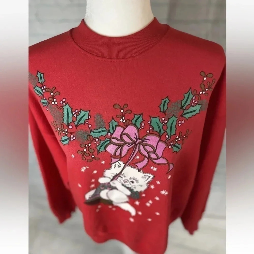 Vintage Fruit Of‎ The Loom Best Ugly Christmas Sweatshirt  Red Cat Belle size L - Picture 7 of 13